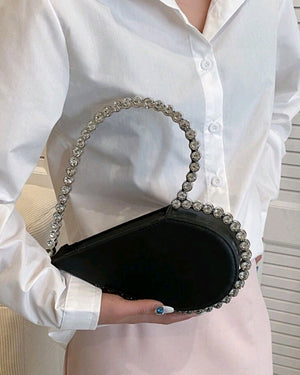 Mini Black rhinestone half of heart clutch handbag