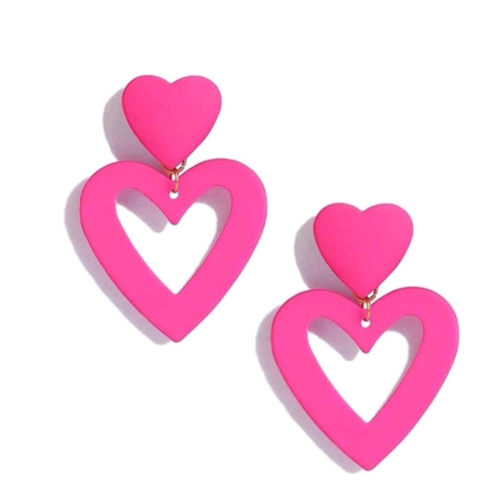 Hot Pink acrylic double Heart dangle earrings 